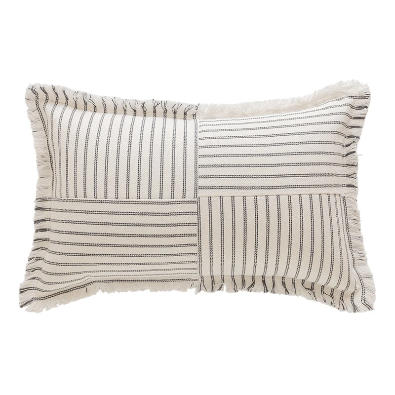 Decorative Rectangular Striped Patchwork Throw Pillow with Fringed Edges
