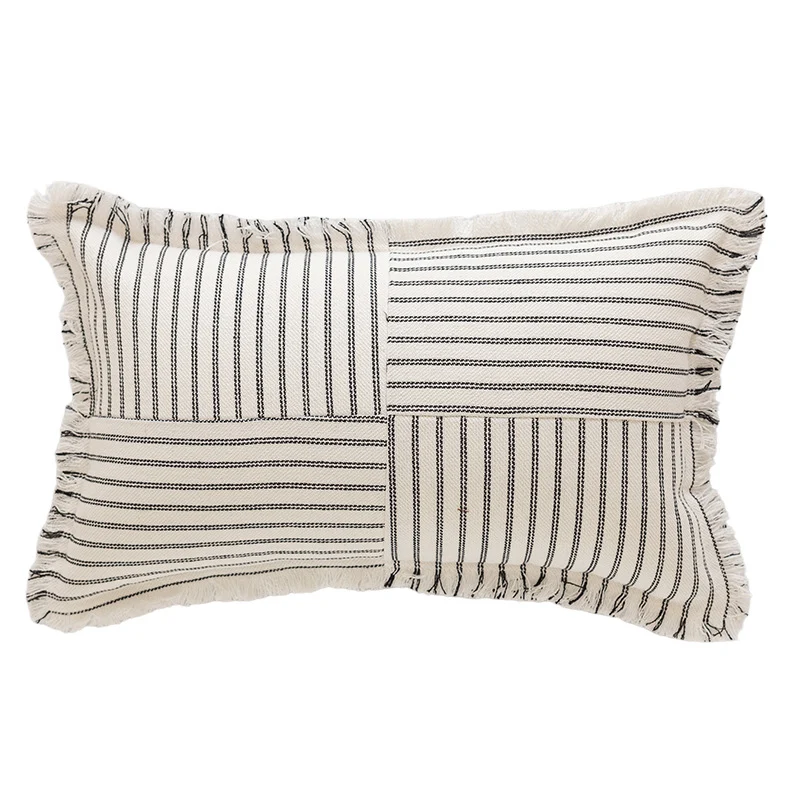 Decorative Rectangular Striped Patchwork Throw Pillow with Fringed Edges