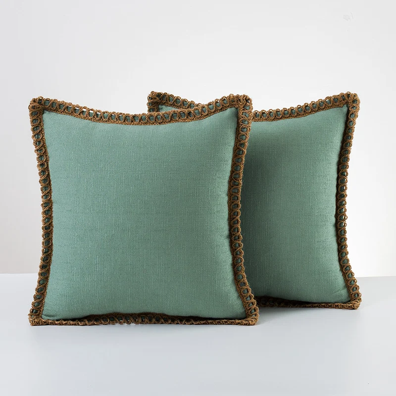 Decorative Linen Throw Pillow Pair with Braided Fringe Trim
