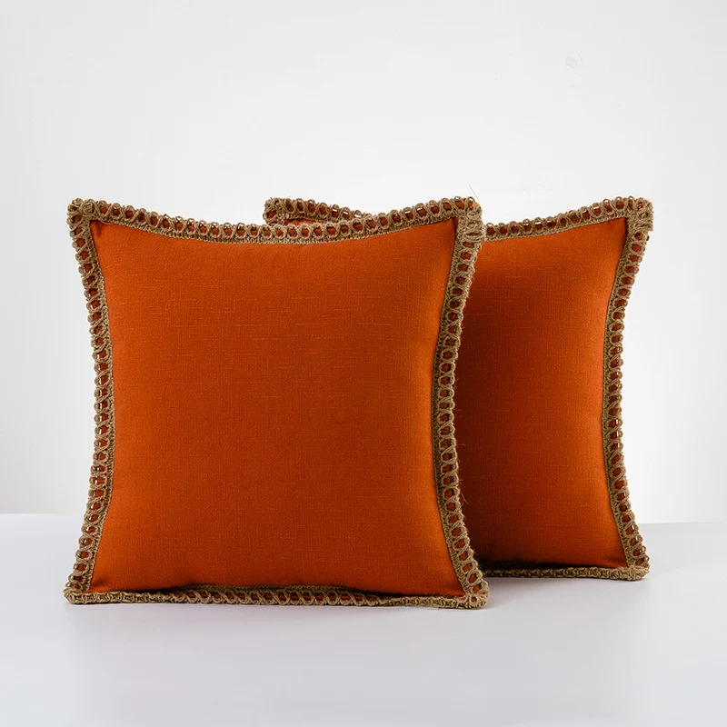 Decorative Linen Throw Pillow Pair with Braided Fringe Trim