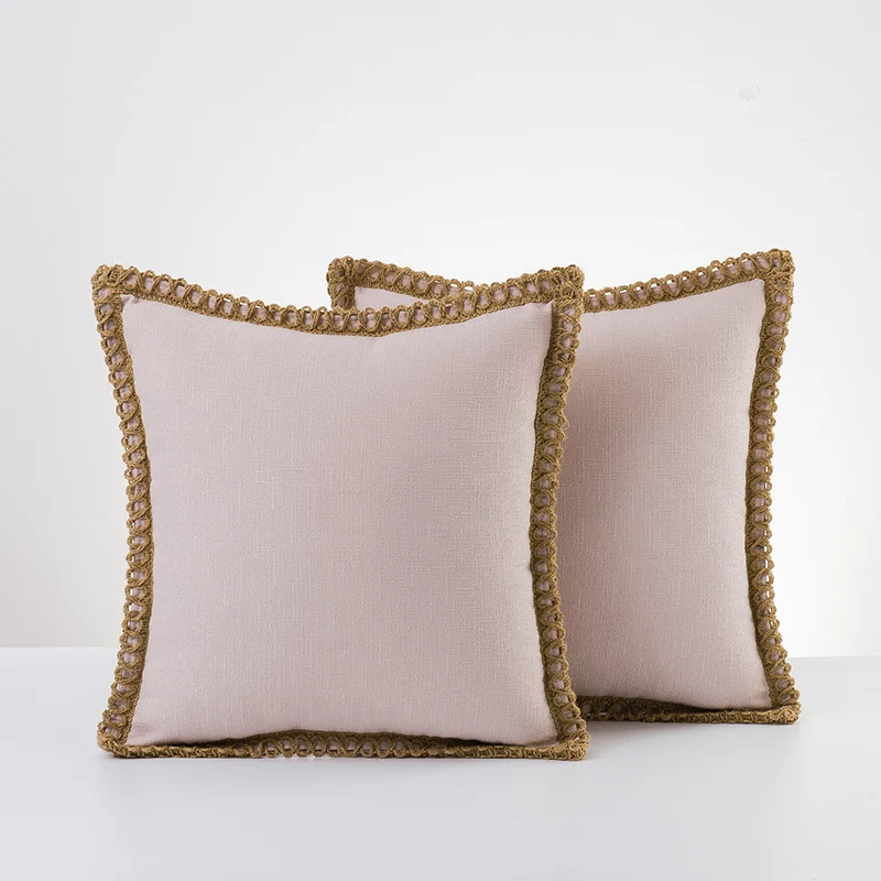 Decorative Linen Throw Pillow Pair with Braided Fringe Trim