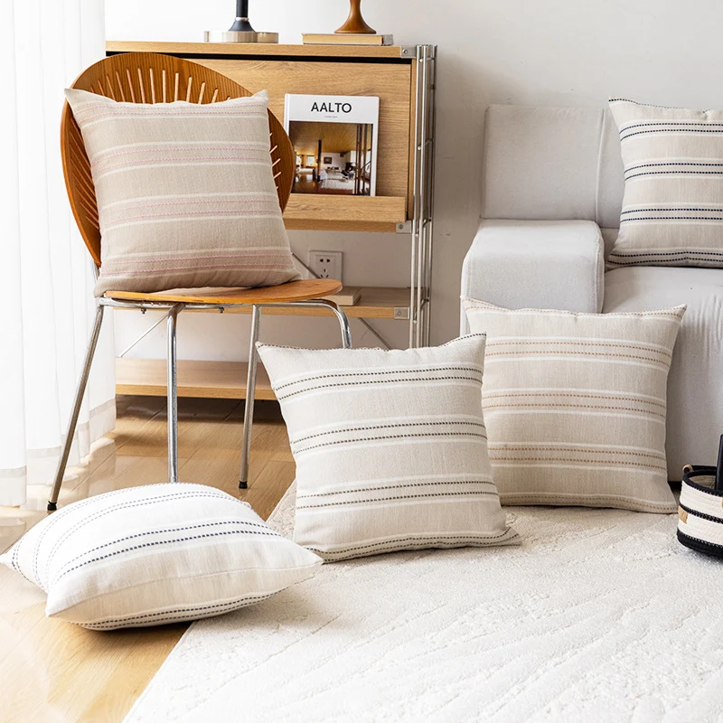 Decorative Linen-Blend Square Throw Pillow Cover with Textured Stripes