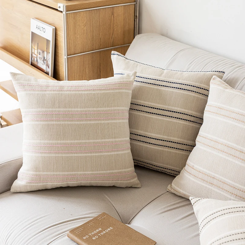 Decorative Linen-Blend Square Throw Pillow Cover with Textured Stripes