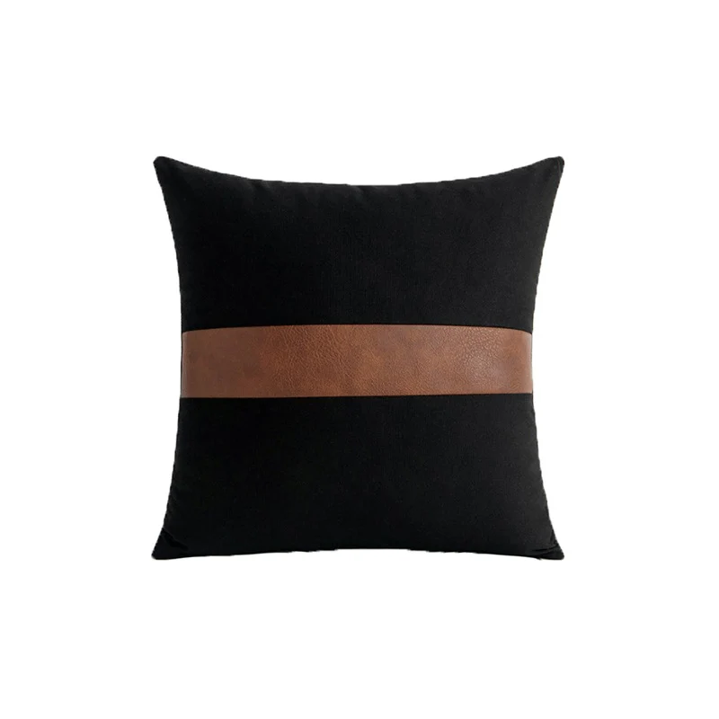 Decorative Leather-Accent Throw Pillow with Canvas Panel and Hidden Zipper