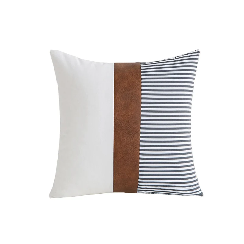 Decorative Leather-Accent Throw Pillow with Canvas Panel and Hidden Zipper