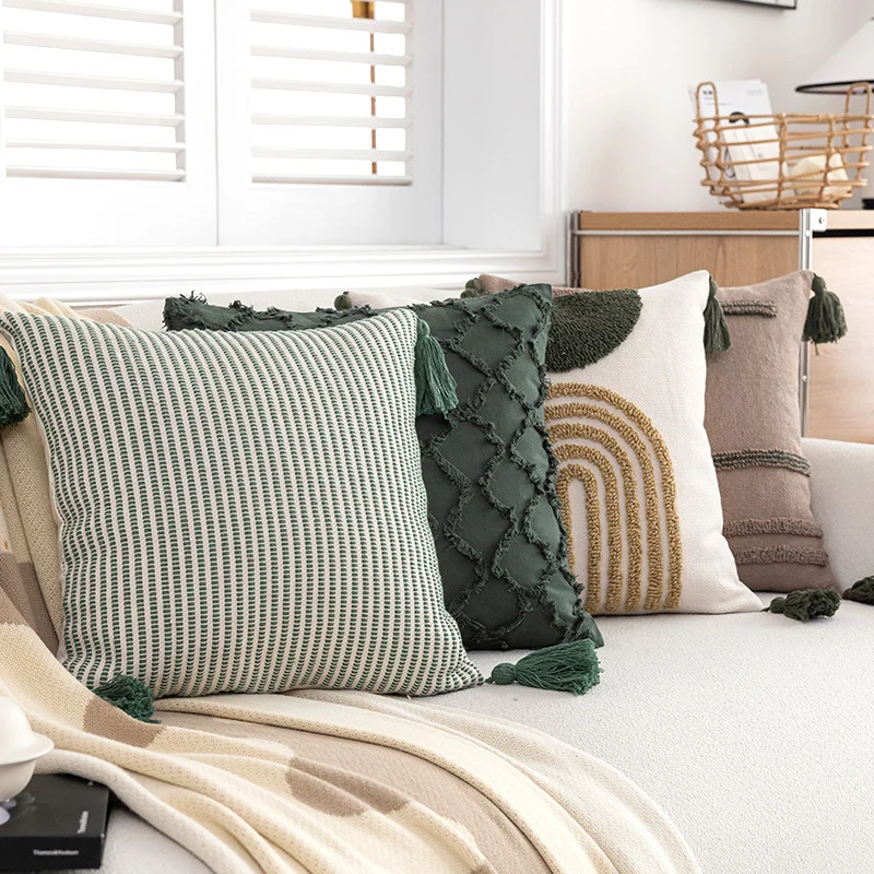 Decorative Knitted Striped Square Throw Pillow with Corner Tassels