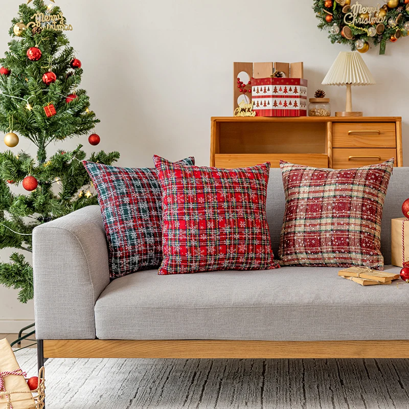 Decorative Holiday Plaid Throw Pillow Cover with Embroidered Snowflake Accents