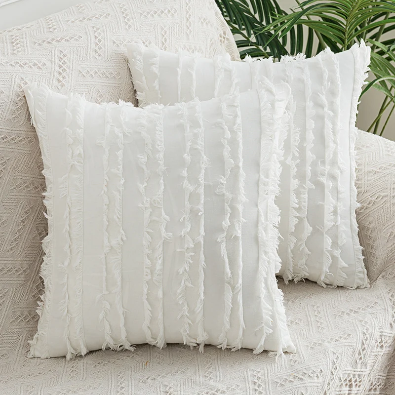Decorative Fringed Textured Throw Pillow Cover Pair
