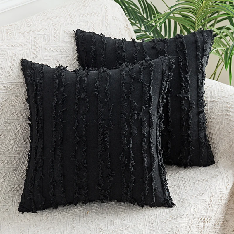 Decorative Fringed Textured Throw Pillow Cover Pair
