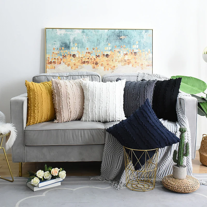 Decorative Fringed Textured Throw Pillow Cover Pair