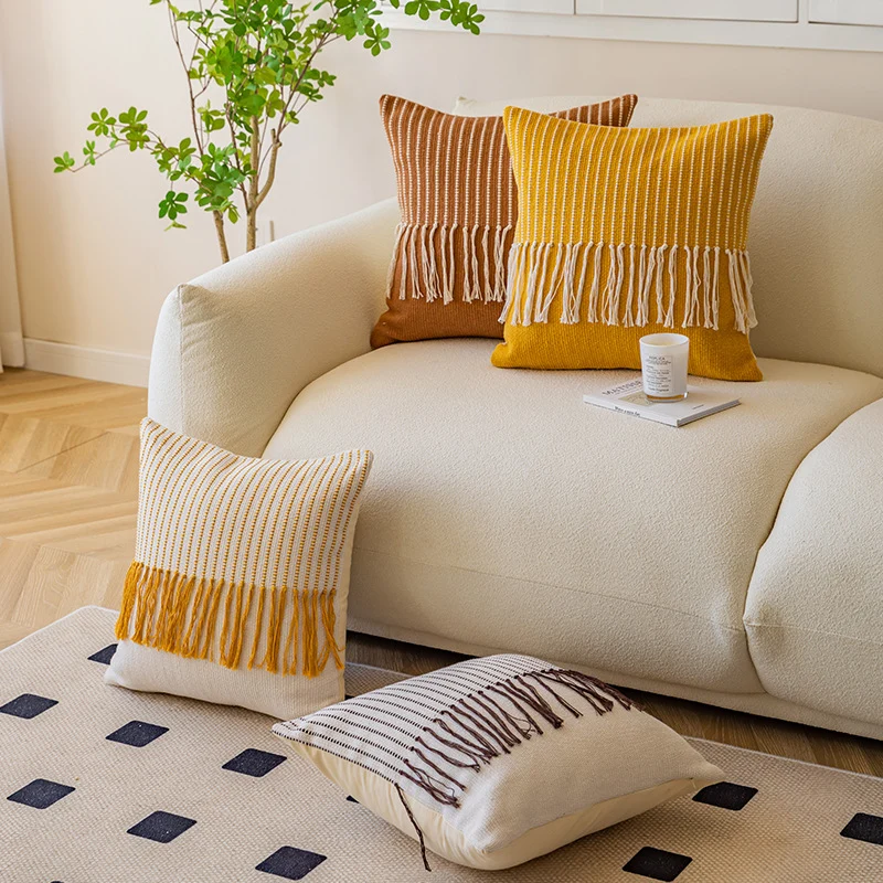 Decorative Fringe Textured Throw Pillow Cover for Sofa and Bed