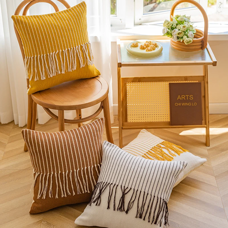 Decorative Fringe Textured Throw Pillow Cover for Sofa and Bed