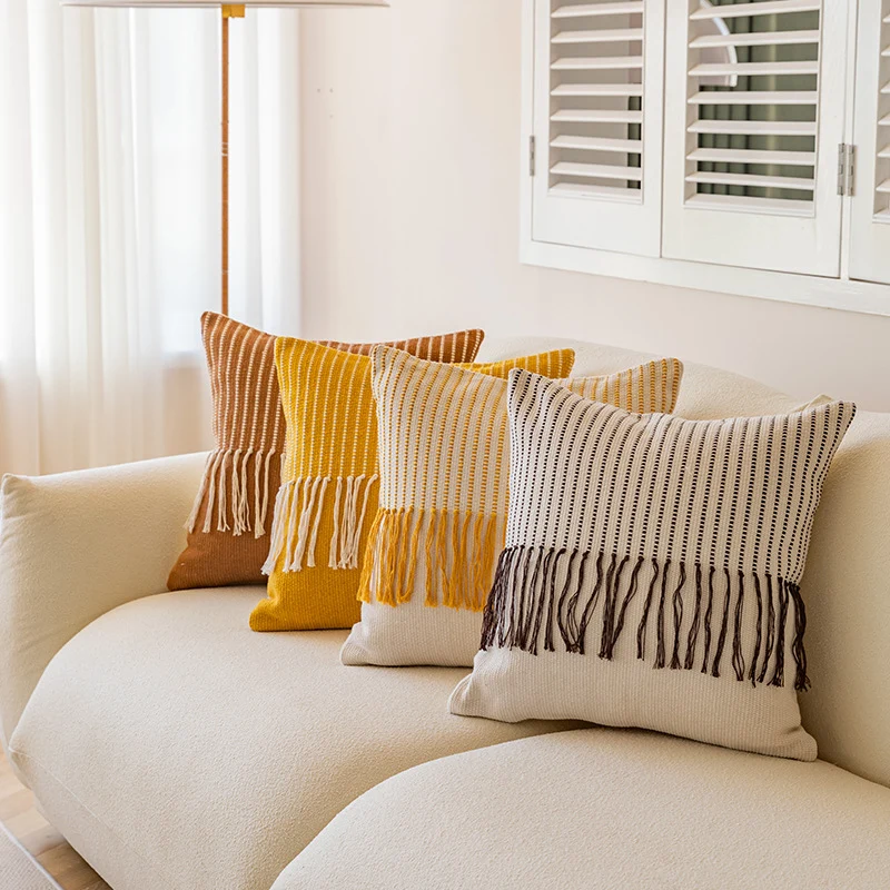 Decorative Fringe Textured Throw Pillow Cover for Sofa and Bed