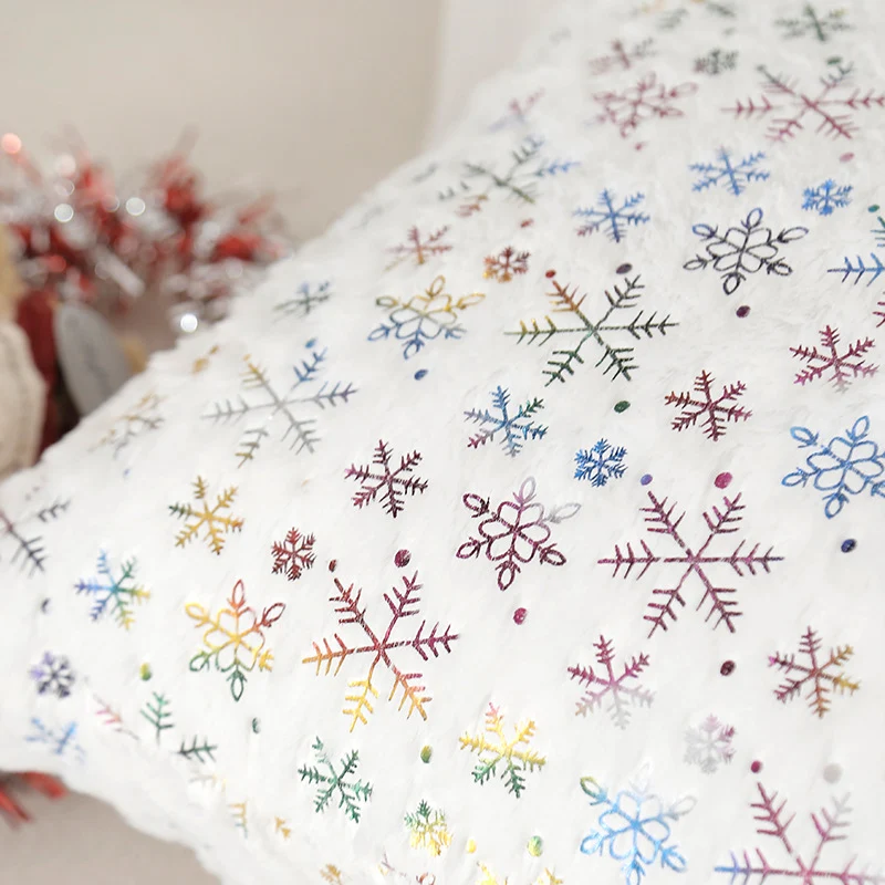 Decorative Faux Fur Square Throw Pillow with Gold Snowflake Foil Accents