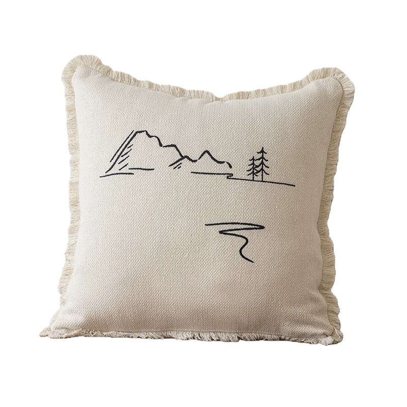 Decorative Embroidered Fish & Waves Fringe Throw Pillow with Linen-Blend Cover