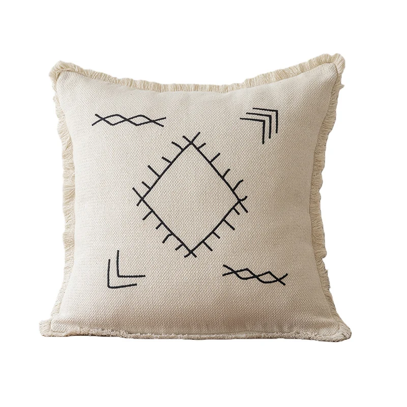 Decorative Embroidered Fish & Waves Fringe Throw Pillow with Linen-Blend Cover