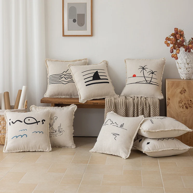Decorative Embroidered Fish & Waves Fringe Throw Pillow with Linen-Blend Cover