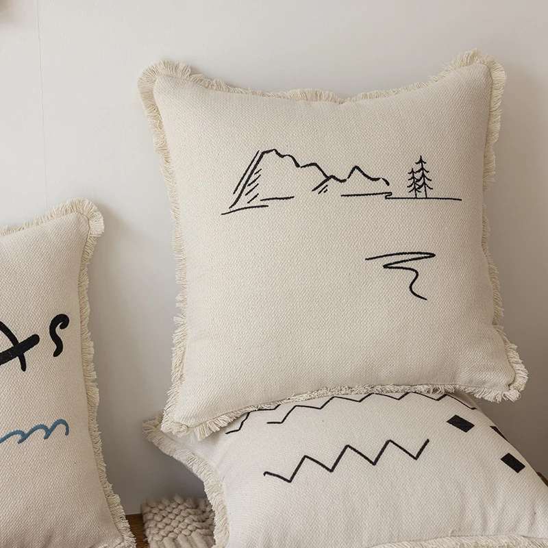 Decorative Embroidered Fish & Waves Fringe Throw Pillow with Linen-Blend Cover