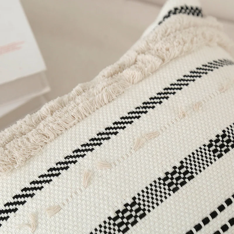 Decorative Cotton Tufted Square Throw Pillow with Tassel Corners and Geometric Stripe Embroidery