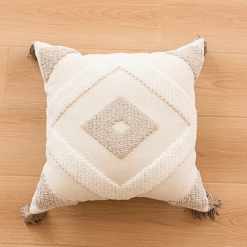 Decorative Boho Tufted Throw Pillow Cover with Tassels and Geometric Raised Loop Texture