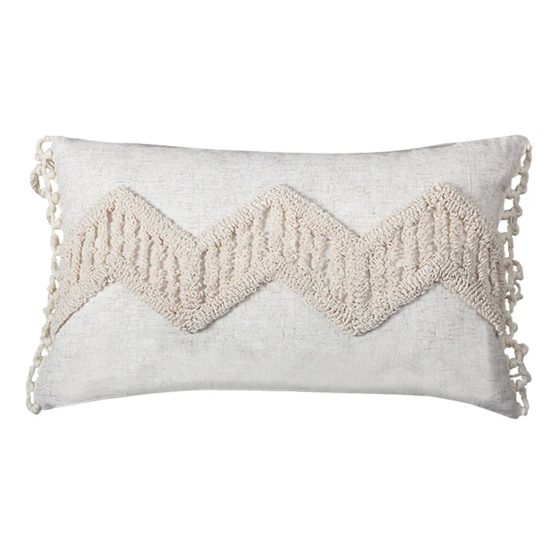 Decorative Boho Textured Lumbar Throw Pillow with Zigzag Tufted Crochet and Knotted Fringe