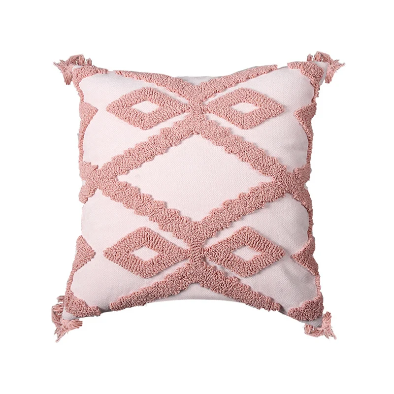 Decorative Boho Textured Lumbar Throw Pillow with Zigzag Tufted Crochet and Knotted Fringe