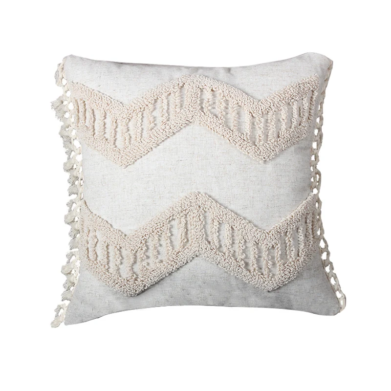 Decorative Boho Textured Lumbar Throw Pillow with Zigzag Tufted Crochet and Knotted Fringe