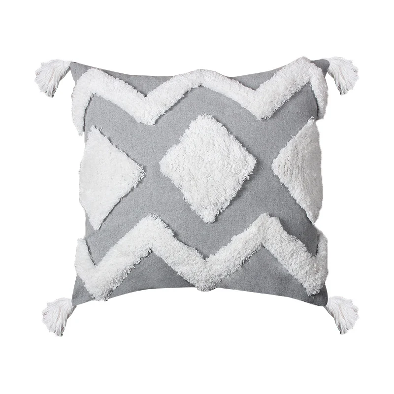 Decorative Boho Textured Lumbar Throw Pillow with Zigzag Tufted Crochet and Knotted Fringe