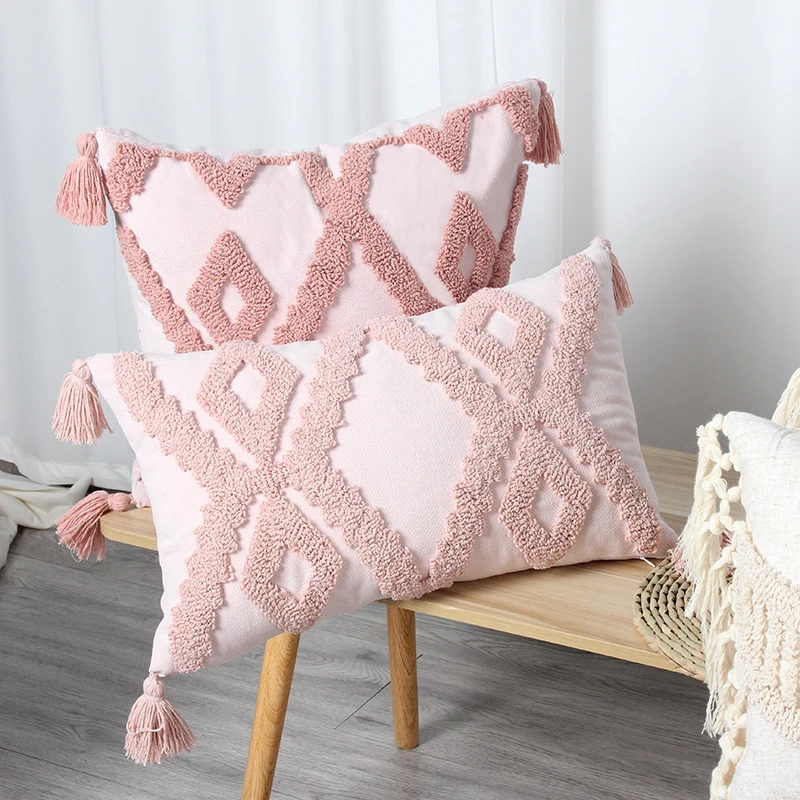 Decorative Boho Textured Lumbar Throw Pillow with Zigzag Tufted Crochet and Knotted Fringe