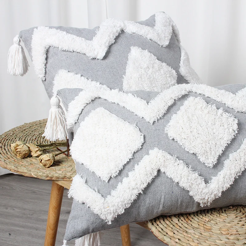 Decorative Boho Textured Lumbar Throw Pillow with Zigzag Tufted Crochet and Knotted Fringe