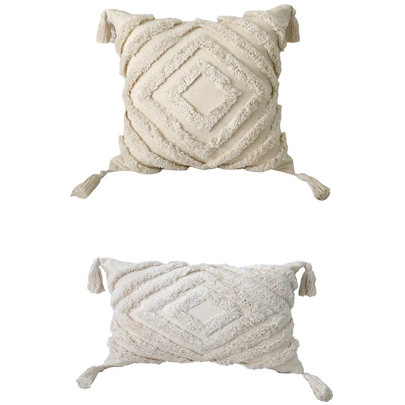 Decorative Boho Tassel Throw Pillow with Textured Diamond Tufting