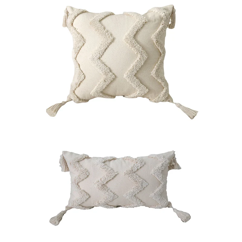Decorative Boho Tassel Throw Pillow with Textured Diamond Tufting