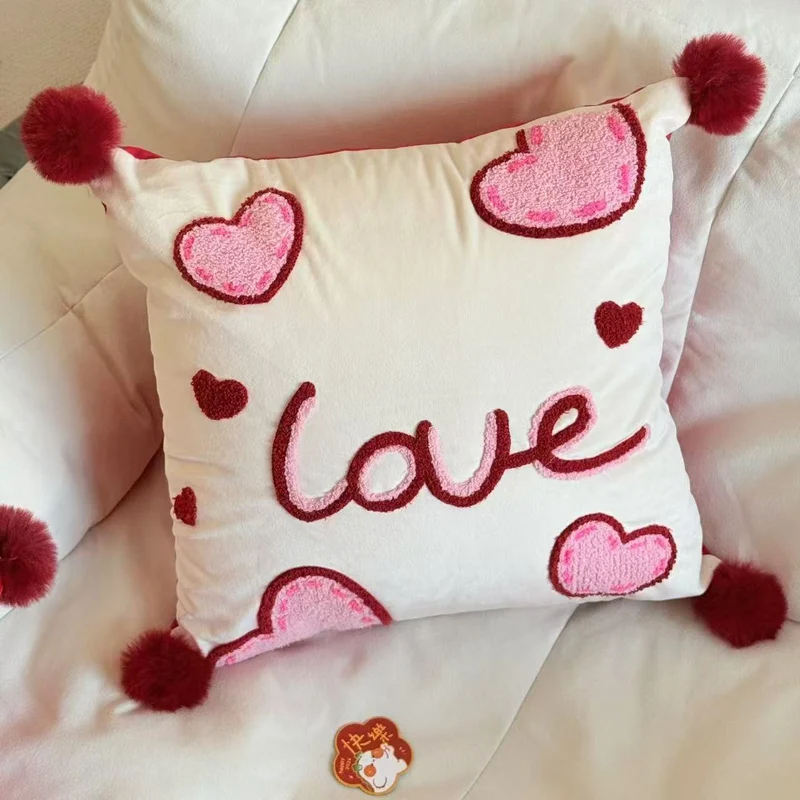 Colorful Chenille Tufted Square Throw Pillow with Plush Pom-Pom Corners and Removable Insert