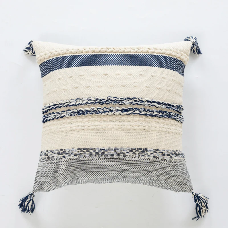 Coastal-Inspired Woven Cotton Square Accent Pillow with Braided Rope Bands and Corner Tassels