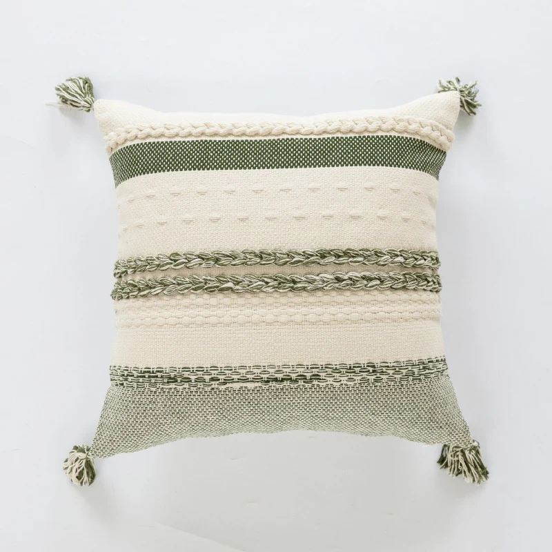 Coastal-Inspired Woven Cotton Square Accent Pillow with Braided Rope Bands and Corner Tassels
