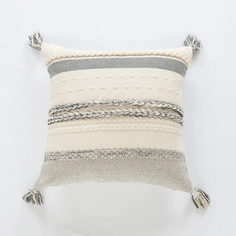 Coastal-Inspired Woven Cotton Square Accent Pillow with Braided Rope Bands and Corner Tassels
