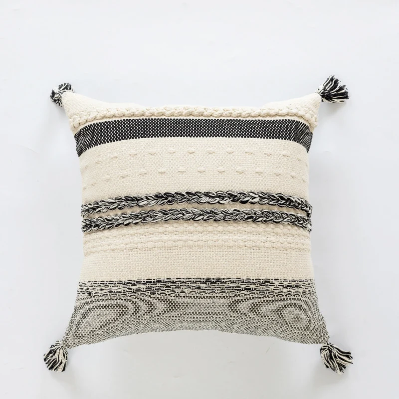 Coastal-Inspired Woven Cotton Square Accent Pillow with Braided Rope Bands and Corner Tassels
