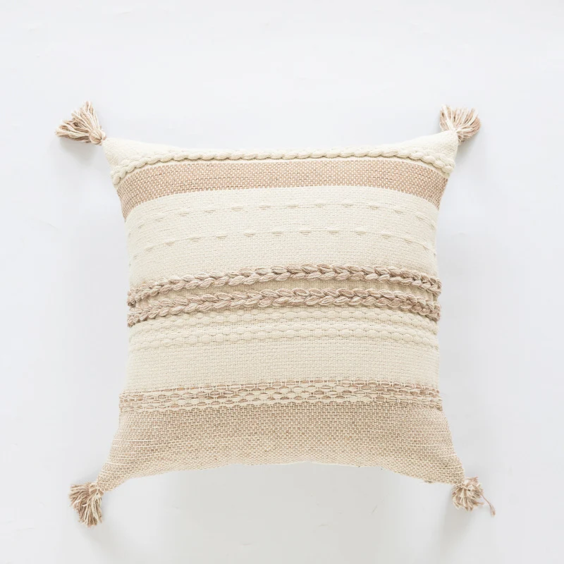 Coastal-Inspired Woven Cotton Square Accent Pillow with Braided Rope Bands and Corner Tassels