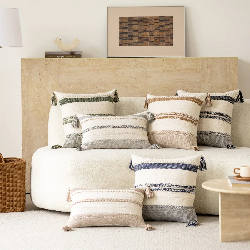 Coastal-Inspired Woven Cotton Square Accent Pillow with Braided Rope Bands and Corner Tassels