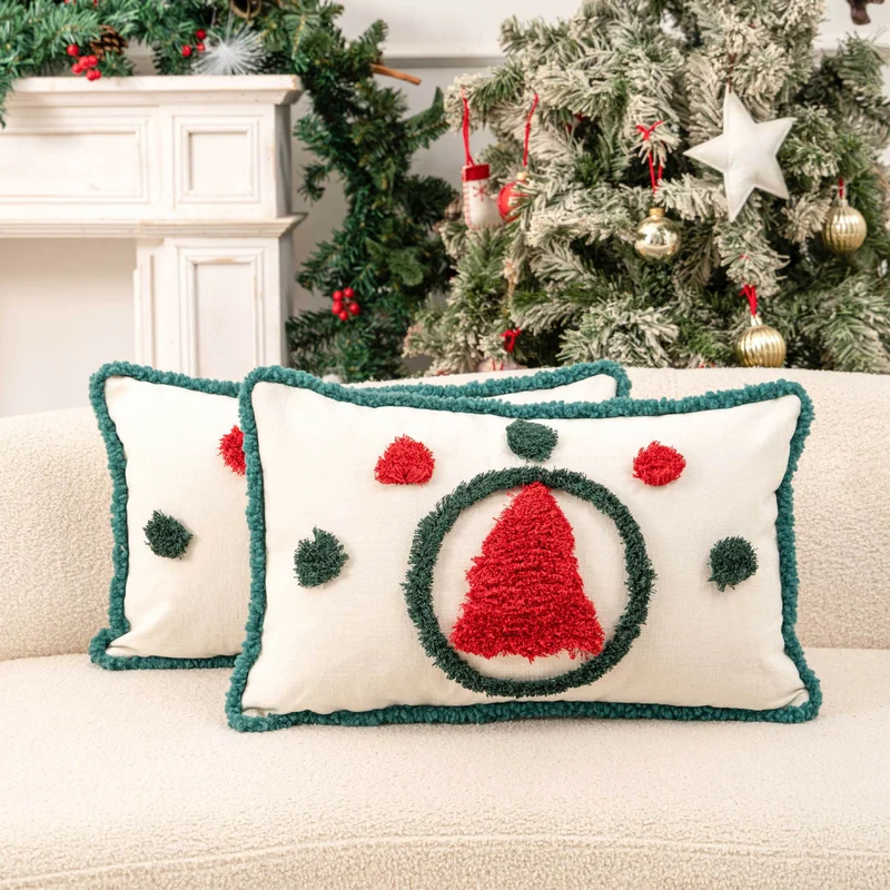 Christmas Lumbar Decorative Throw Pillow Set with Tufted Holiday Ornament and Pom Accent