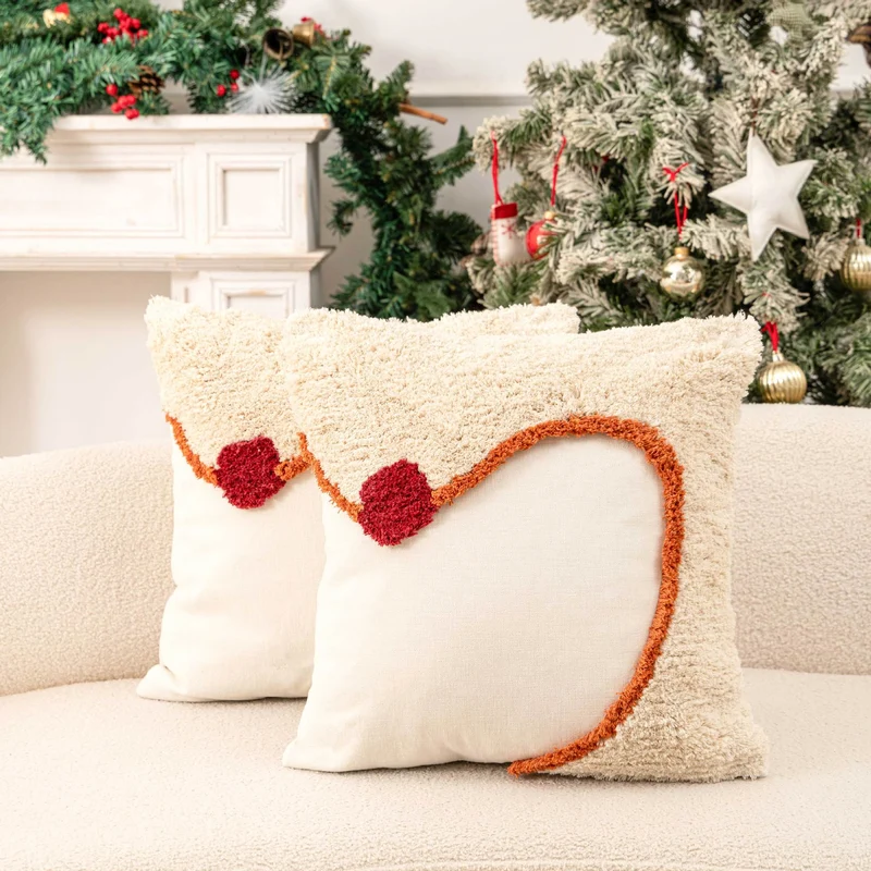 Christmas Lumbar Decorative Throw Pillow Set with Tufted Holiday Ornament and Pom Accent