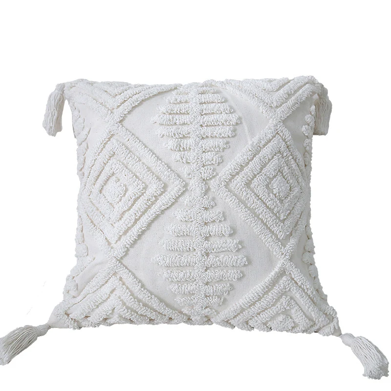 Boho Textured Tufted Cotton Throw Pillow with Diamond Geometric Tufting and Corner Tassels