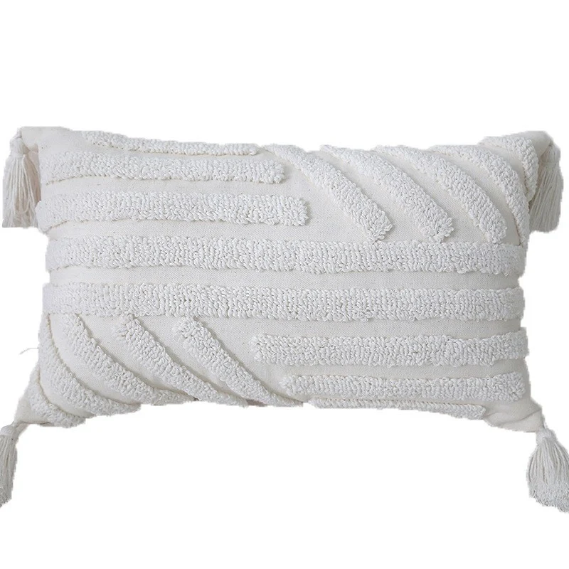Boho Textured Tufted Cotton Throw Pillow with Diamond Geometric Tufting and Corner Tassels