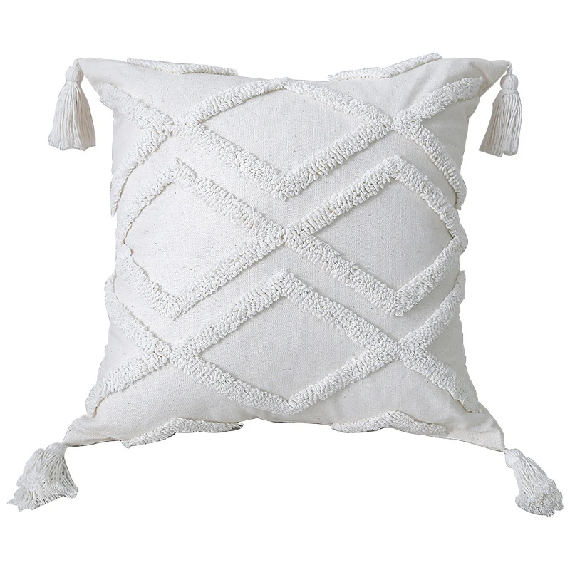 Boho Textured Tufted Cotton Throw Pillow with Diamond Geometric Tufting and Corner Tassels