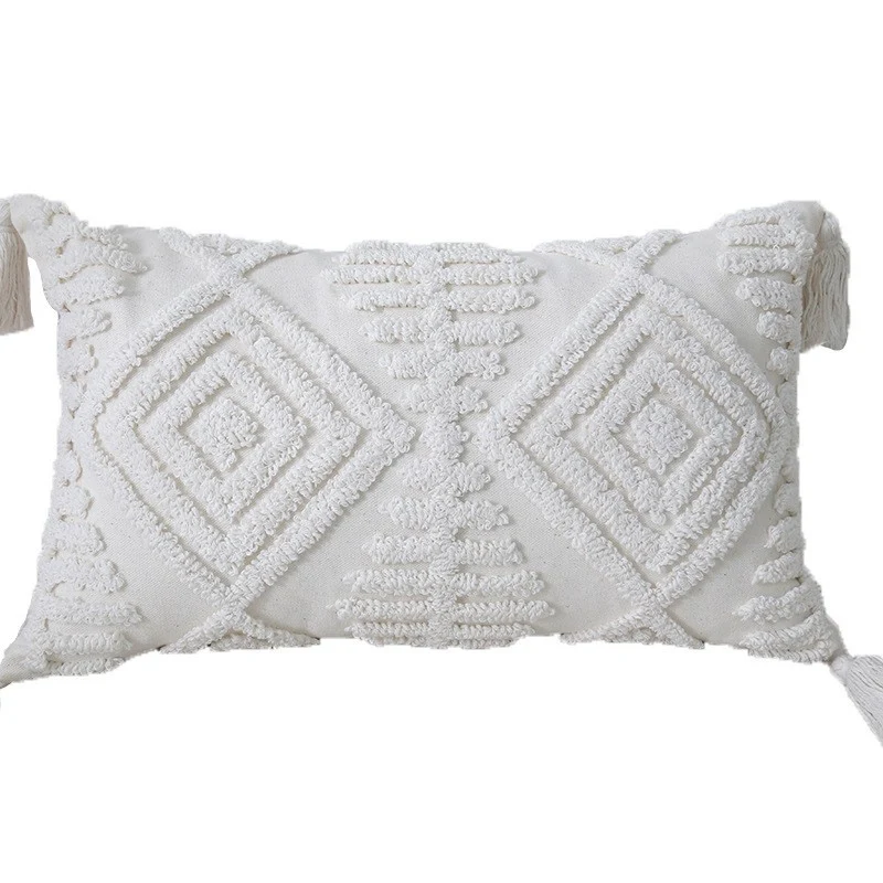 Boho Textured Tufted Cotton Throw Pillow with Diamond Geometric Tufting and Corner Tassels
