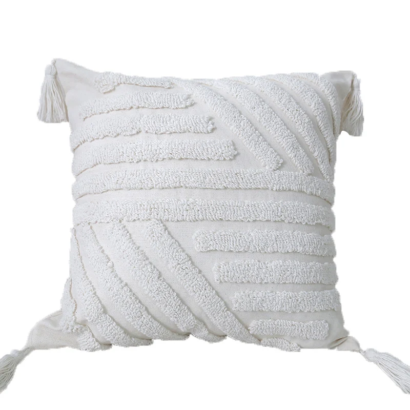 Boho Textured Tufted Cotton Throw Pillow with Diamond Geometric Tufting and Corner Tassels