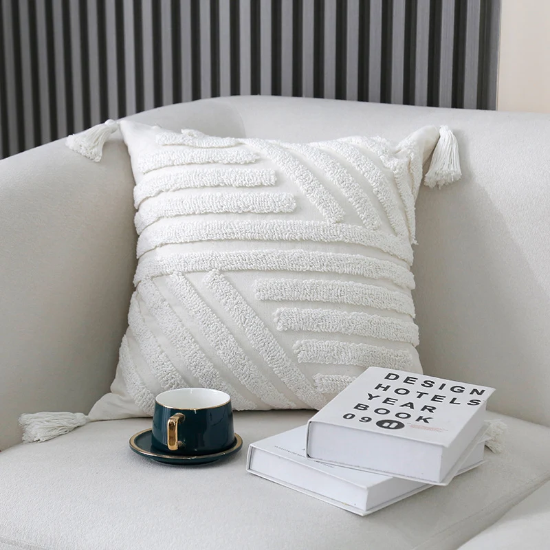 Boho Textured Tufted Cotton Throw Pillow with Diamond Geometric Tufting and Corner Tassels