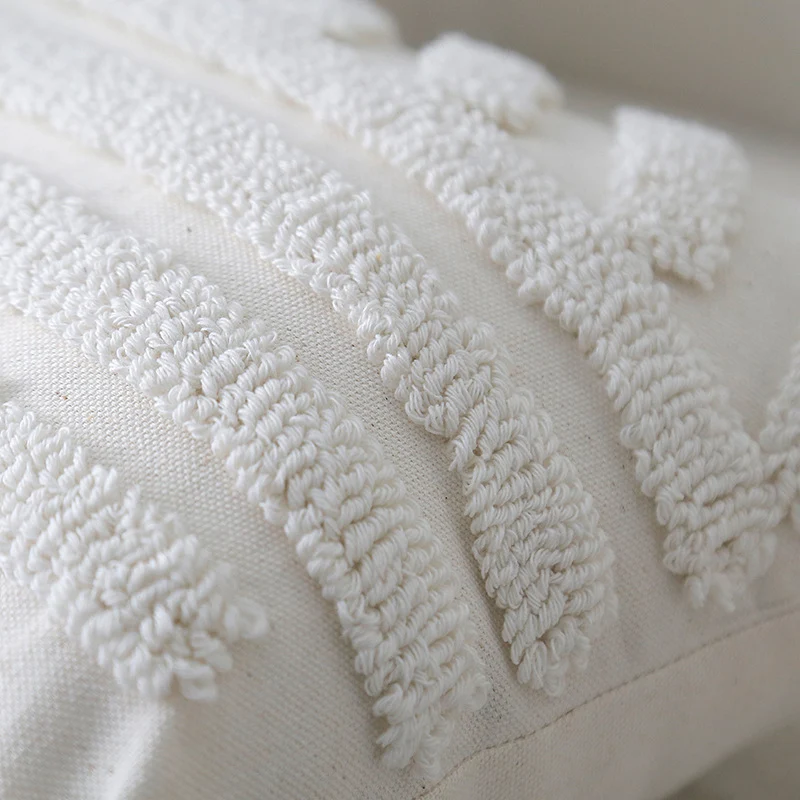 Boho Textured Tufted Cotton Throw Pillow with Diamond Geometric Tufting and Corner Tassels