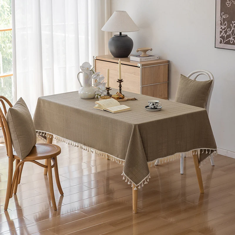 Rectangular Textured Cotton-Linen Tablecloth with Knotted Tassel Fringe and Matching Accent Pillow Covers