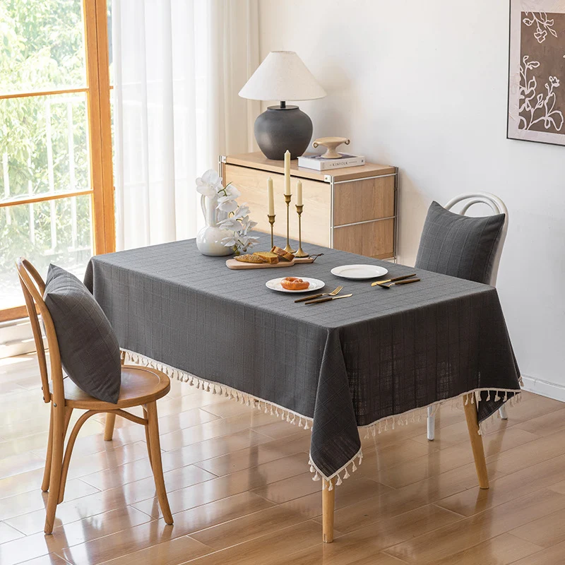 Rectangular Textured Cotton-Linen Tablecloth with Knotted Tassel Fringe and Matching Accent Pillow Covers